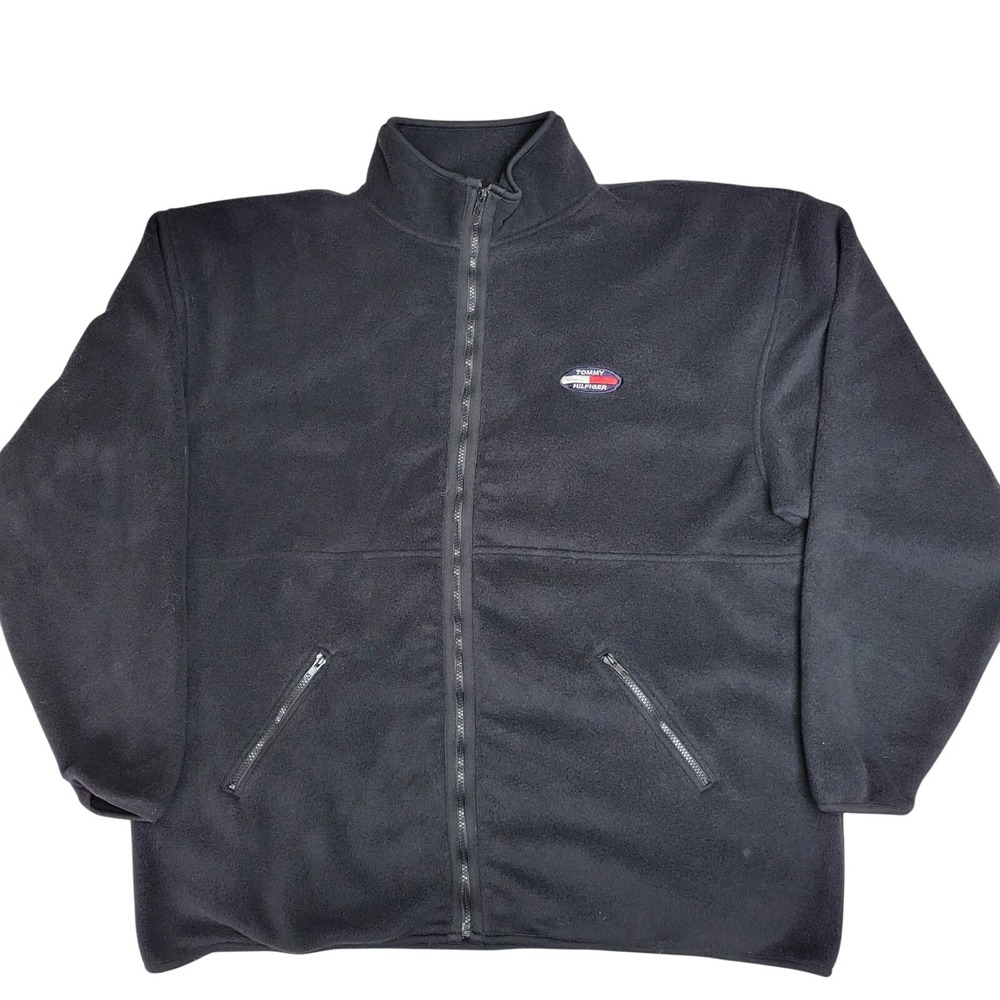 Vintage Tommy Hilfiger Mens XXL Black Fleece Full Zip Jacket Embroidered Logo